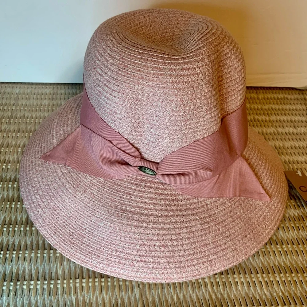 NWT C C Exclusives Straw Floppy Sun Hat Pink One Size